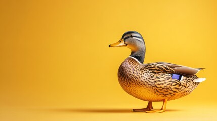 Side view of a duck against a vibrant yellow backdrop.