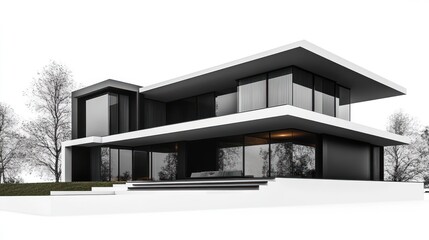 Fototapeta premium Sleek two-story modern home with geometric design on a bright day