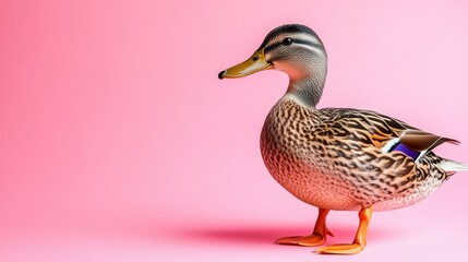 Obraz premium Side view of a duck on a vibrant pink background.