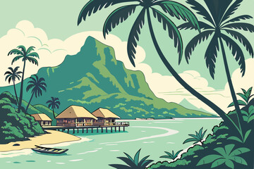 131 tropical paradise, tropical island, palm trees, overwater bungalows, crystal clear turquoise water, vibrant sky, fluffy clouds, lush greenery, sandy beach, serene, idyllic, landscape, cinematic, 8