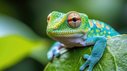 Fototapeta premium Vibrant Chameleon Resting on Green Leaf Displaying Turquoise Lime and Orange Color Pattern Under Bokeh Background
