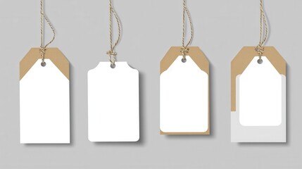 Price tags. White paper blank hanging labels with string. Cardboard shop signs mockups for christmas gifts isolated set illustration , no logos, no brands