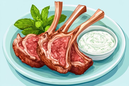 cooked lamb chops with mint and sauce clip art preview