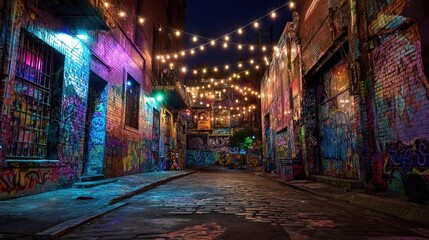 Fototapeta premium Colorful Urban Alley with Graffiti and String Lights at Night