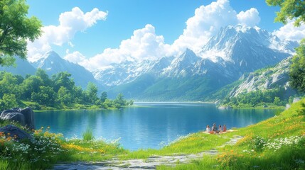 Serene Mountain Lake Picnic: A Family's Peaceful Day in Nature's Embrace