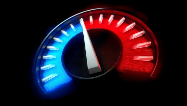 Neon Speedometer with Red to Blue Scale on Black Background