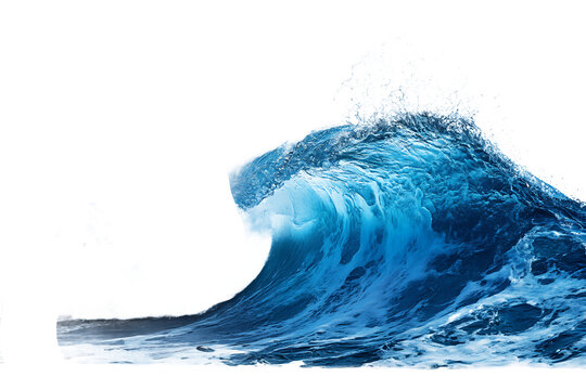 Blue ocean wave curl with spray and splash isolated on transparent background for environmental artwork
