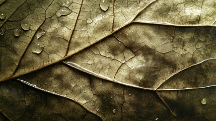 Fototapeta premium A leaf with droplets of rain forming small pools along the veins, reflecting light in a soft, natural glow.
