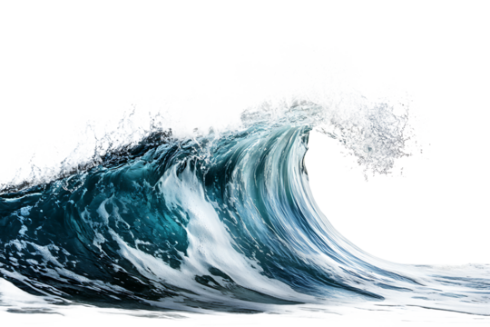 Realistic sea wave crashing in motion on a clear background, perfect for surfing, beach, and water themes