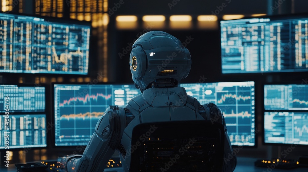 Poster ai robot trader works in modern financial trading automation. robot analyzes financial data on multi