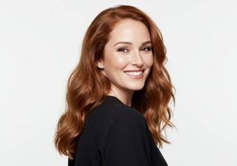 Obraz premium Beautiful Redhead Woman Smiling in Black Shirt Studio Portrait Isolated on White Background