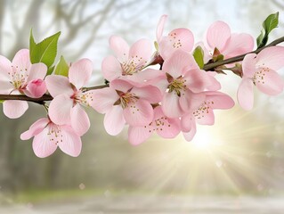 Naklejka premium Delicate pink cherry blossoms bloom on a branch with soft sunlight in the background