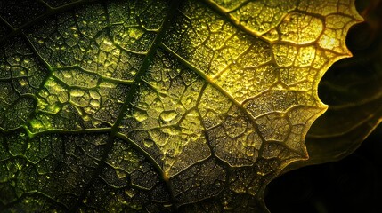 Obraz premium A leaf with rainwater resting in its hollow veins, the droplets perfectly still, as a soft breeze moves through the air.