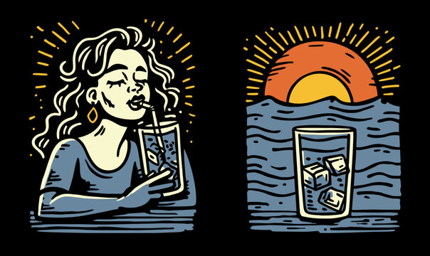 Hand-drawn Doodle of Woman Drinking Beverage with Sunset Background