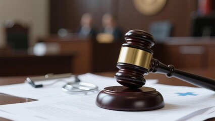 Gavel resting on medical documents symbolizing health-related legal dispute, healthcare law and justice system concept, medical malpractice or insurance claim case.