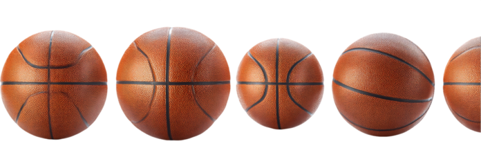 Five Textured Brown Basketballs on Transparent Background, PNG