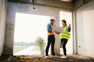 Engineers and architects collaborate at a construction site, wearing safety gear, examining...