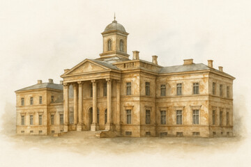 Obraz premium Timeless Grandeur: Watercolor Illustration of a Vintage Palace