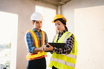 Engineers and architects collaborate at a construction site, wearing safety gear, examining blueprints, discussing plans, ensuring teamwork, development, and safety.