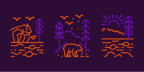 Obraz premium Monoline Flat Icon Set of Nature Scenes with Bear and Landscape