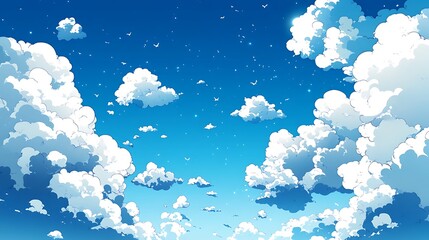 Blue Sky with Fluffy Clouds, and Birds.