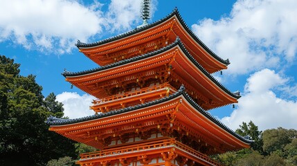 Fototapeta premium Vibrant Orange Pagoda with Multi Tiered Roof Against a Blue Sky with Clouds Surrounded by Lush Green Trees on Sunny Day