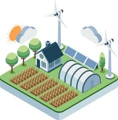 Isometric Sustainable Farm with Renewable Energy and Crops