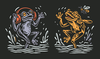 Colorful Doodle of Frogs Dancing with Bee and Headphones on Dark Background