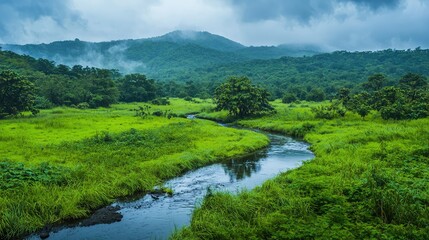 Fototapeta premium A lush, post-rain countryside, with vibrant grass and trees reflecting the rainwater, and a river running peacefully through the landscape.