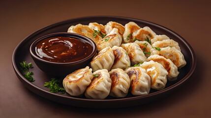 High-angle view of a plate filled with many golden-brown, pan-fried dumplings, garnished with chopped green herbs. A small bowl of dark-reddish brown dipping sauce is beside the dumplings.