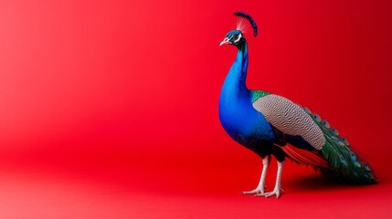 Fototapeta premium Vibrant peacock against a bold crimson background.