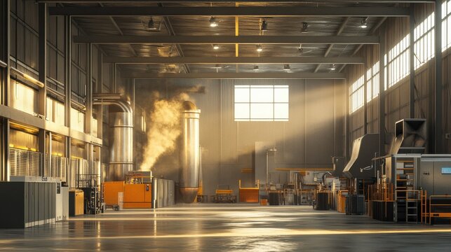 Dust collection systems in a large industrial warehouse, multiple high-efficiency machines working together to keep the environment clean