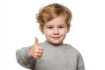 Smiling Boy in Grey Sweater Gives Thumbs Up: A Cheerful Portrait