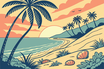 135 palm trees,tropical sunset,beach scene,seashells,sand,ocean,sunlight,colorful landscape
