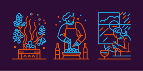 Creative Monoline Icons of Cooking, Food Preparation, and Dining