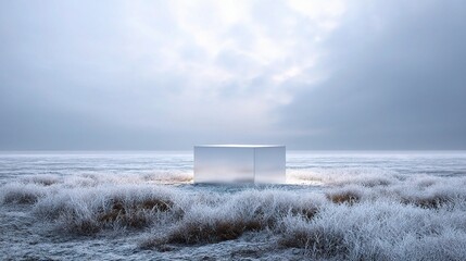 Frosted Glass Podium in a Peaceful Snowy Cove Landscape