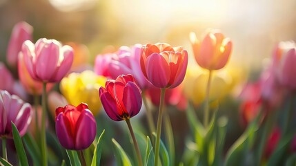 Vibrant Tulip Flowers with Red Pink and Yellow Blooms in Soft Sunlight Outdoor Garden Setting