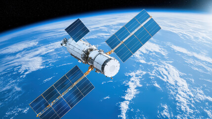 Stunning view of massive orbital satellite in space, showcasing solar panels and Earth in background, evoking sense of exploration and innovation