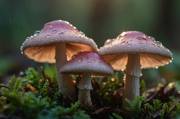 Fototapeta premium Dewy Pink Mushrooms in Forest Setting