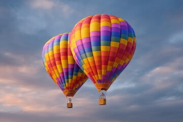 Naklejka premium Vibrant Hot Air Balloons Soaring in a Cloudy Sunset Sky