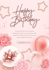 Vector birthday elegant greeting card, banner or party invitation with realistic 3d golden, pink and white balloons, gift box and flowers on pink background. Vector illustration