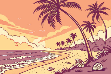 135 palm trees,tropical sunset,beach scene,seashells,sand,ocean,sunlight,colorful landscape