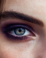 Fototapeta premium Close-up of the eyes of a white woman with dark purple make-up in a Western style, white background, natural light.