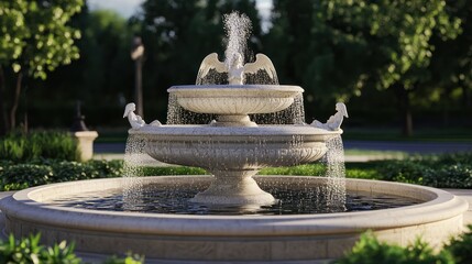 Ornate fountain in a landscaped garden;  Water cascading from a double basin.  Stock photo
