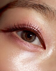 Close-up of Asian woman's eyes with Korean style light pink makeup, white background, natural light.