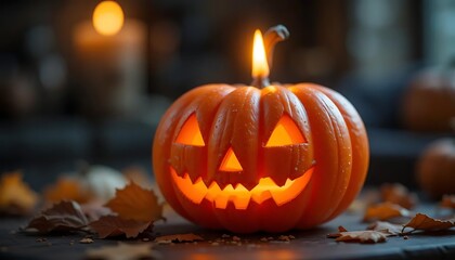 Fototapeta premium Glowing Halloween Pumpkin Carving with Candlelight Displayed on a Wooden Surface Surrounded by Autumn Leaves Creating a Festive and Spooky Atmosphere for the Holiday Season