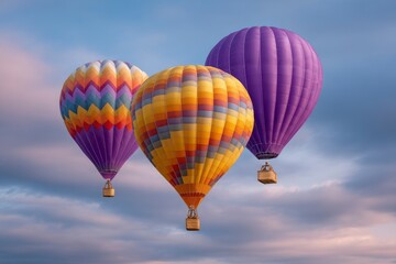 Naklejka premium Colorful Hot Air Balloons Ascending: A Serene Sunset Flight