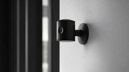 A modern security CCTV camera with a sleek design, mounted on a white wall