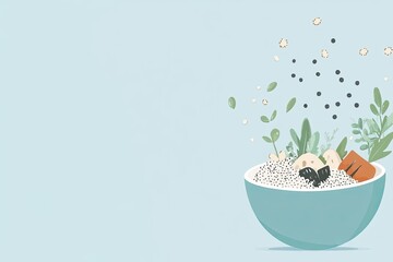 Colorful Bowl of Goodness Fresh Ingredients on Blue.