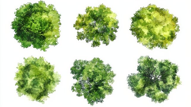 green grass isolated on white background, Set of watercolor tree top view for landscape plan and architecture layout.